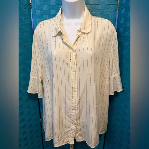 Pendleton Silk Blouse Button Top Flutter Sleeve Arrow Stripe Cream - Picture 4 of 12